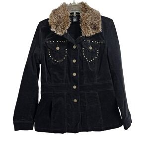 Kikit Jeans Jacket Womens M Black Corduroy Faux Fur Collar Studded Western Retro
